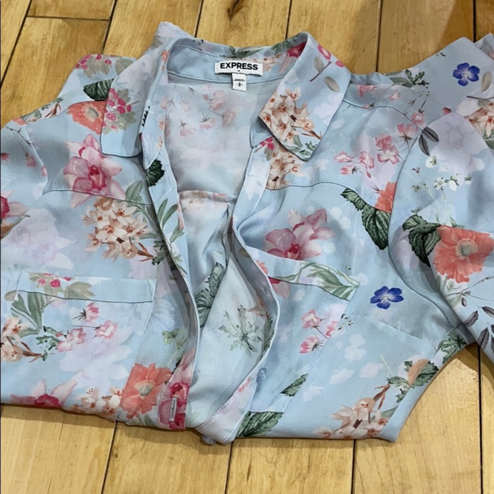 Express Floral Blouse - Light Blue and Pink